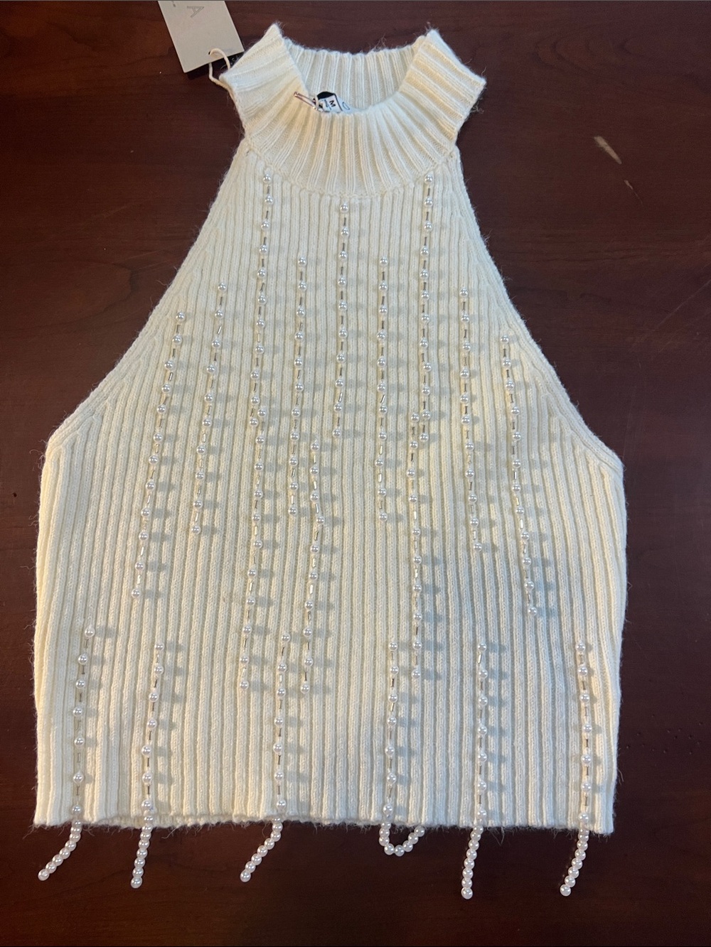 Pearl-Embellished Cream Ribbed Halter Crop Top 2294